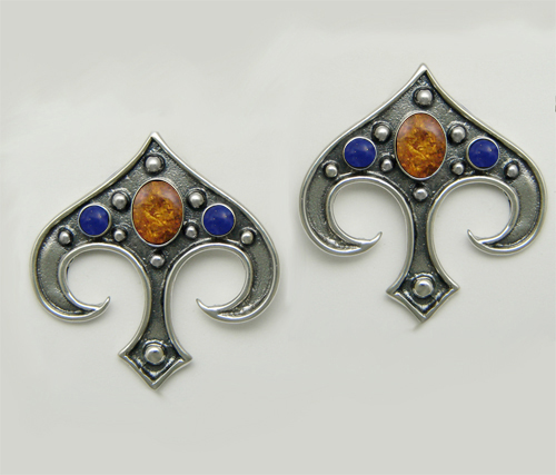 Sterling Silver Gothic Inspired Drop Dangle Earrings With Amber And Lapis Lazuli